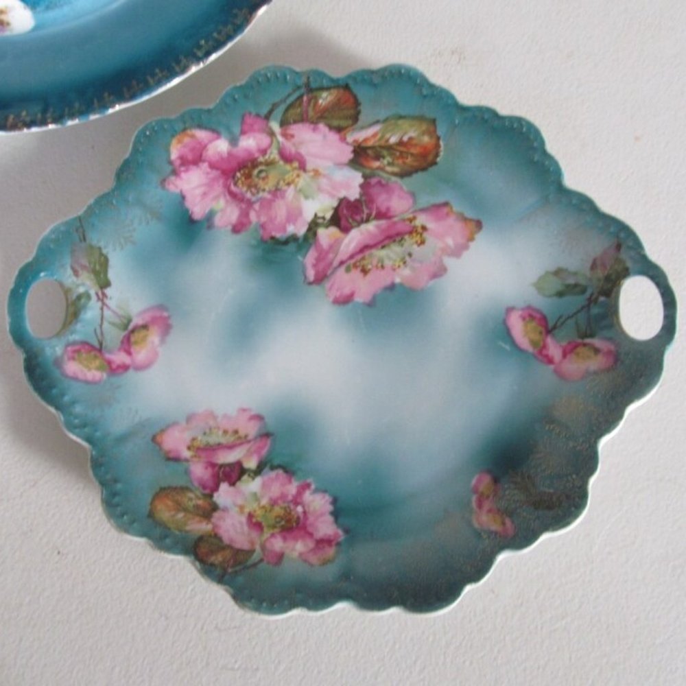 Beautiful Wild Open Roses Teal China Serving Platter Cake Plate Cupcake serving
